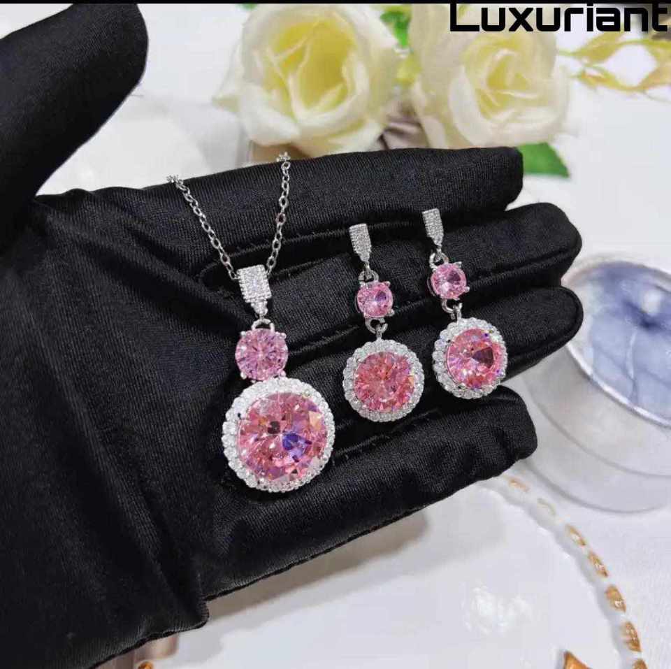 Pink Gol Necklace Set / Titanium Steel Pendant Female Chain Luxury Necklace, Earring Set.